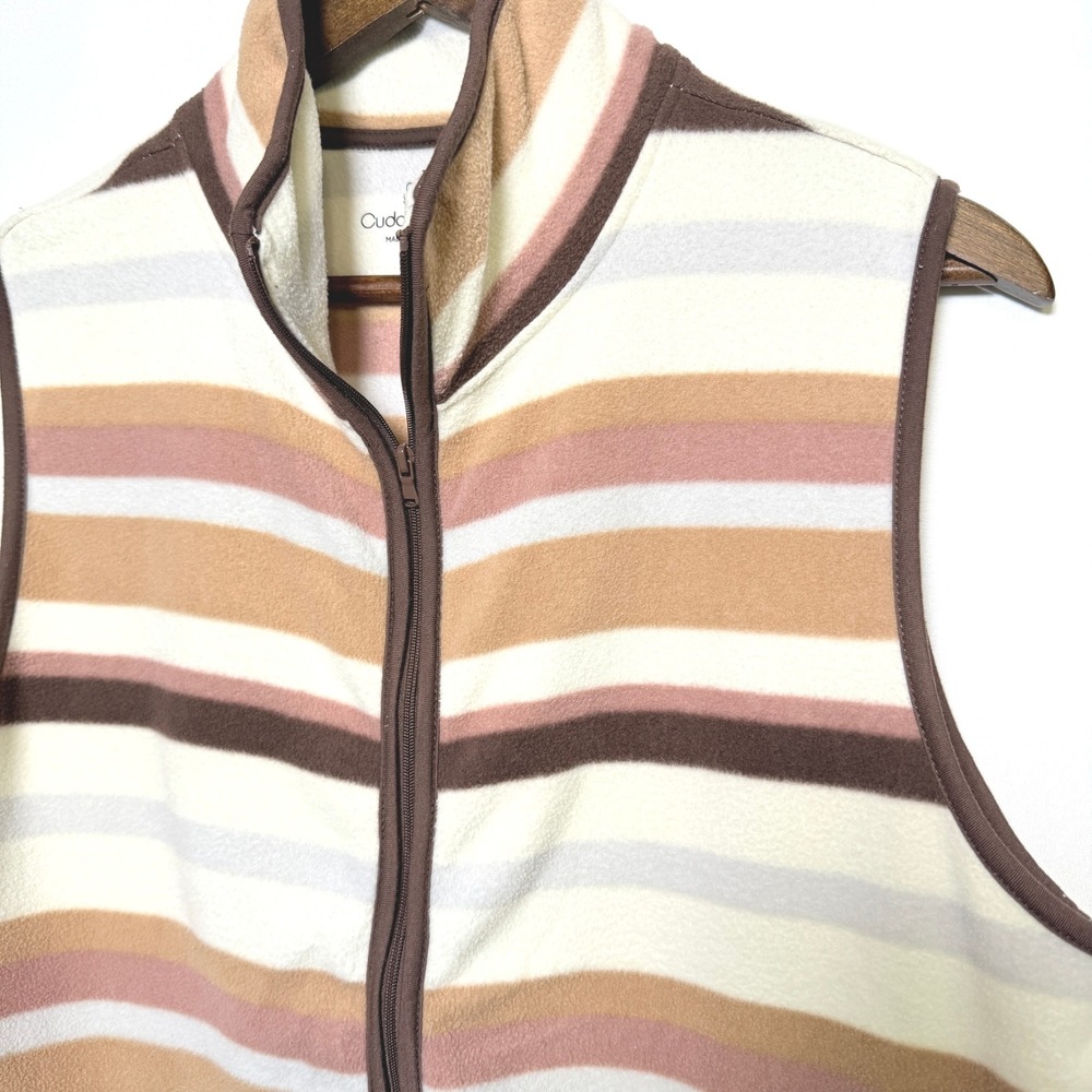 Cuddl Duds Brown Stripe Fleece Full Zip Vest Mock Neck Pockets Womens Large L